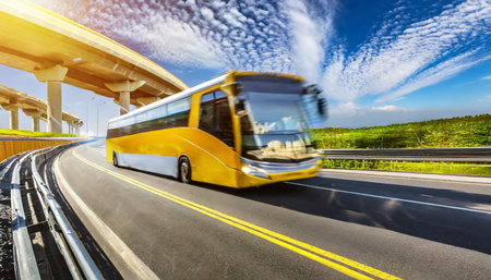 bus rushes along the asphalt high speed highwayの素材