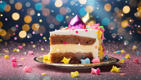 delicious slice of birthday cake on a backgroundの素材