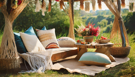 outdoor boho picnic area with pillowsの素材
