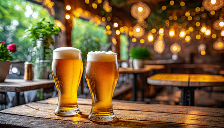 two glasses of beer on a wooden table in a pub or restaurant ai generatedの素材