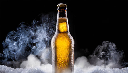 cold beer bottle with drops frost and vapour on blackの素材