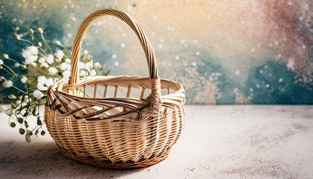 empty wicker basket on soft light background copy spaceの素材