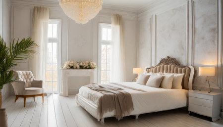 luxury contemporary bedroom interior with gypsum stucco on white wallsの素材