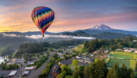 colorful hot air balloon over grants pass oregon on a beautiful summer morningの素材
