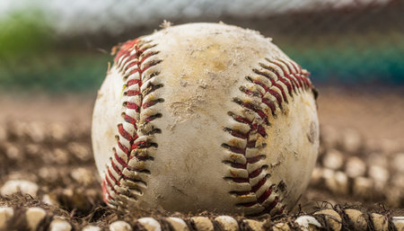closeup of a dirty baseballの素材