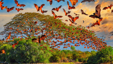colony of flying fox fruit bats in skyの素材