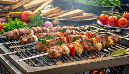 delicious bbq kebab grilling on open grill outdoor kitchen food festival in city tasty food roasting on skewers food court summer picnicの素材