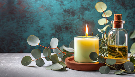 bottle of natural cosmetic oil aroma candle and eucalyptus leavesの素材