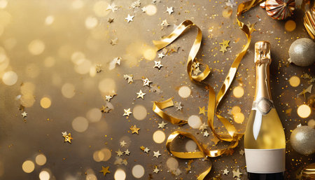 champagne bottle with confetti stars bokeh decoration and party streamers on golden background christmas birthday or wedding concept flat layの素材