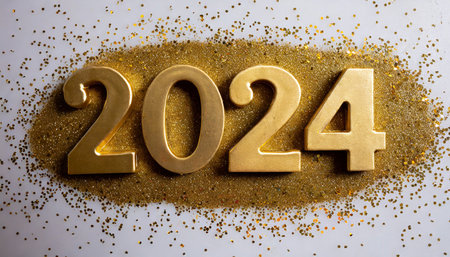 close up of number 2024 and gold glitter on white background the concept of new year christmas greetings from business colleagues and invitations to new year s eve celebrationsの素材