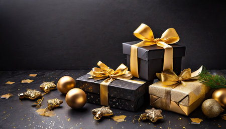 christmas or black friday gifts or presents in black and gold on a black backgroundの素材