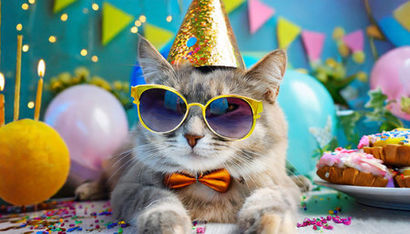 cat in party hat and sunglasses happy anniversary concept panoramic layout generative aiの素材
