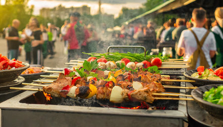 delicious bbq kebab grilling on open grill outdoor kitchen food festival in city tasty food roasting on skewers food court summer picnicの素材