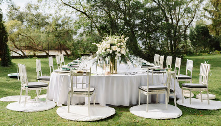 wedding reception table setup outdoorsの素材