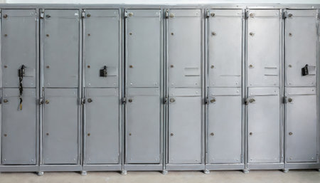 front view of old grey metal locker used in gyms or pool grunge gray metal lockers used in gyms or pool school or gym changing room metal cabinets with lock grey storage furniture with closed doorsの素材
