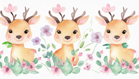 cute little deer in cartoon style watercolor illustration on a white backgroundの素材