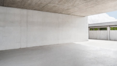abstract empty modern concrete room with divider walls rough floor and outside courtyard industrial interior background templateの素材