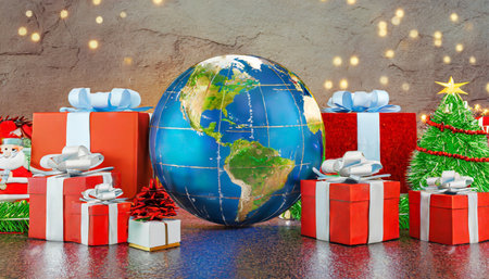 global celebration earth globe and presents for christmas and new year concept in 3d renderingの素材
