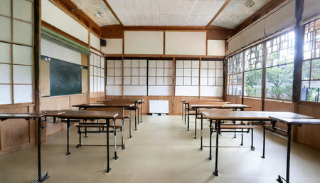 interior views of an empty japanese style classroomの素材