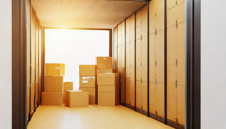open self storage unit full of cardboard boxes 3d renderingの素材