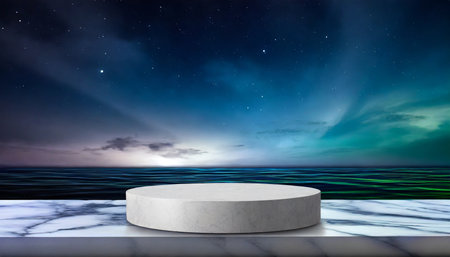 marble podium with ocean sky by night background created with technologyの素材