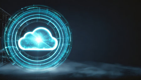 creative round cloud computing hologram on dark wide background with mock up place server concept 3d renderingの素材