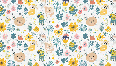 abstract doodles baby animals and flowers pattern illustration with cute animals nursery baby illustrationの素材