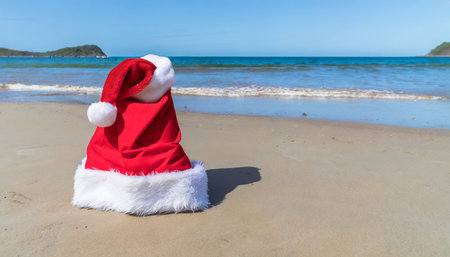 red christmas santa claus hat on a sandy tropical beach near the oceanの素材