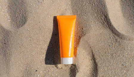 orange tube of sunscreen on sandy beach top viewの素材