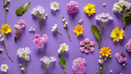 spring flowers pattern on a purple background romantic blossom floral decoration design viewed from above top viewの素材