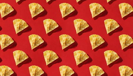 tortilla chips pattern on a red background repetition concept top viewの素材