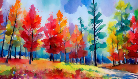 autumn forest landscape colorful watercolor painting of fall season red and yellow trees beautiful leaves pine trees minimal elegant flat scenery artistic natural scenery vintage pastel colorsの素材