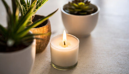 serene meditation and wellness calm candle with plants and soft light yogaの素材
