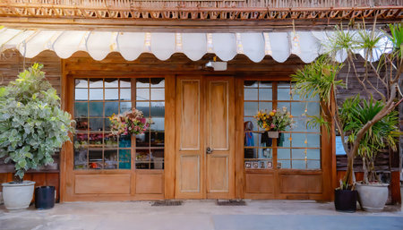 retro charming storefront with wood carpentry and an elegant vintage feelの素材