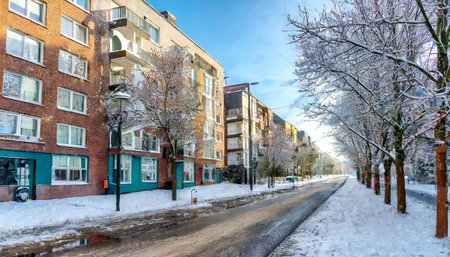 blocks of flats along winter streetの素材