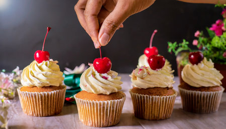 cupcake decoration hand decorating cupcake adding cherry on topの素材