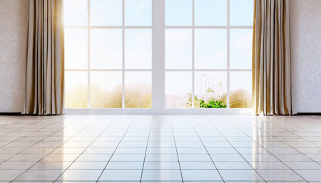 white glossy ceramic tile floor in front of window 3d renderingの素材