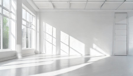 empty white interior room with large window and sun shadow modern architecture template backgroundの素材