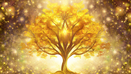 golden tree fantasy illustration beautiful abstract backgroundの素材