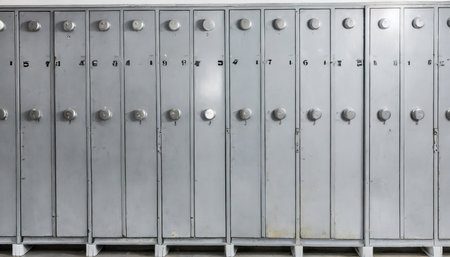 front view of old grey metal locker used in gyms or pool grunge gray metal lockers used in gyms or pool school or gym changing room metal cabinets with lock grey storage furniture with closed doorsの素材