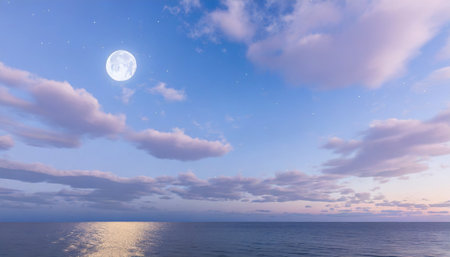 night sky with moon and clouds over the oceanの素材