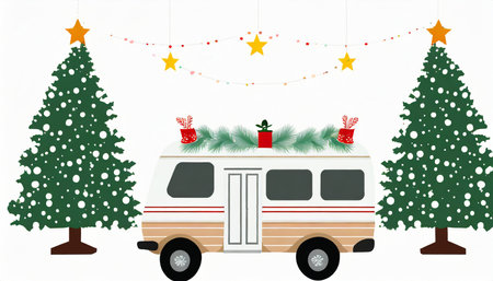 festive camper trailer with christmas tree background sets the scene for a merry holiday celebrationの素材