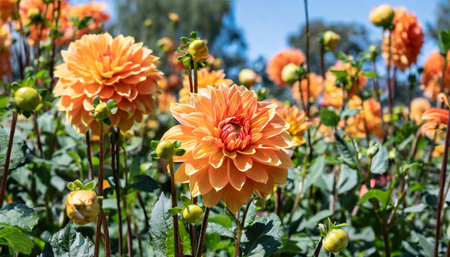 orange dahlias blooming in botanical gardenの素材