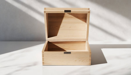 opened wooden plywood box mockup on white table with shadows 3d renderingの素材