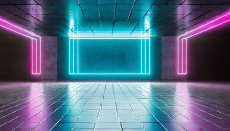 futuristic neon lights glowing in room with glossy concrete tiles floor 3d renderingの素材