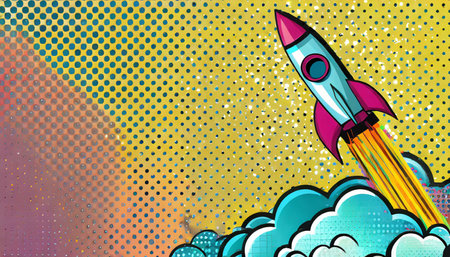 comic style rocket launch with vibrant pop art backgroundの素材