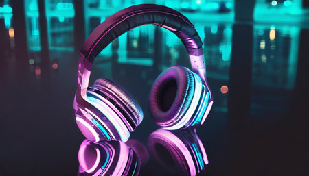 high tech headphones with neon city reflectionsの素材