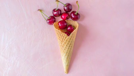 ice cream cone filled with cherries on a pink background fresh cherry in a waffle cone summer conceptの素材