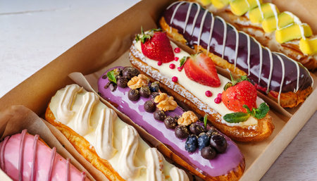 set of eclair cakes with different fillings in a box close up traditional french dessertの素材