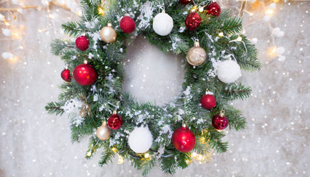 christmas tree decorated winter wreath x mas balls ornaments and lights snow covered holiday decorations festive fir tree backgroundの素材